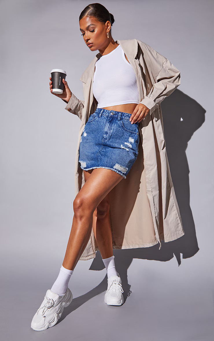 Dark Blue Wash Basic Ripped Denim Mini Skirt | PrettyLittleThing US