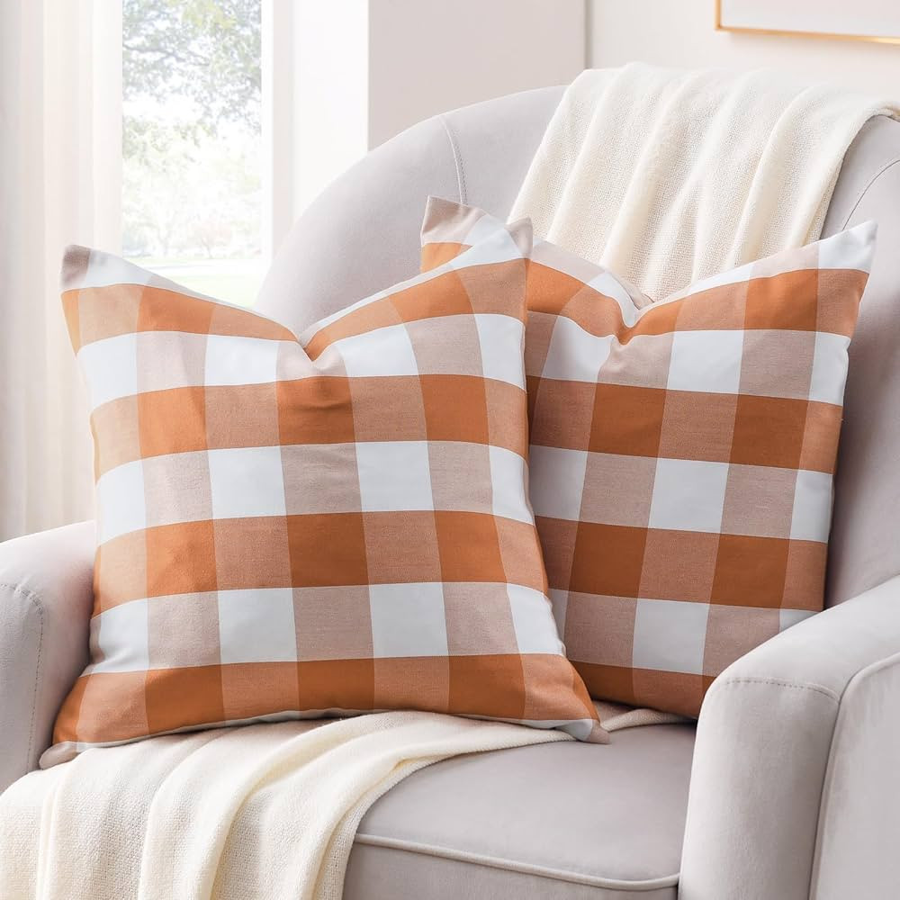 Volcanics Fall Pillow Covers 20x20 Inches Set of 2, Orange and White Farmhouse Buffalo Check Plai... | Amazon (US)
