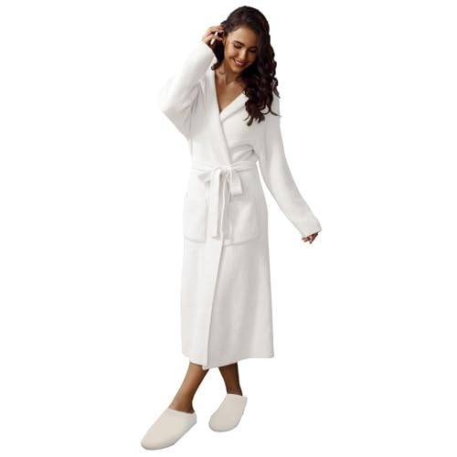 MH MYLUNE HOME Ribbed Hooded Robes for Women with Pockets - Soft Spa Bathrobe Loungewear Calf-Length，Plush Robes for Women Fuzzy, Wrap Robe, White | Amazon (US)
