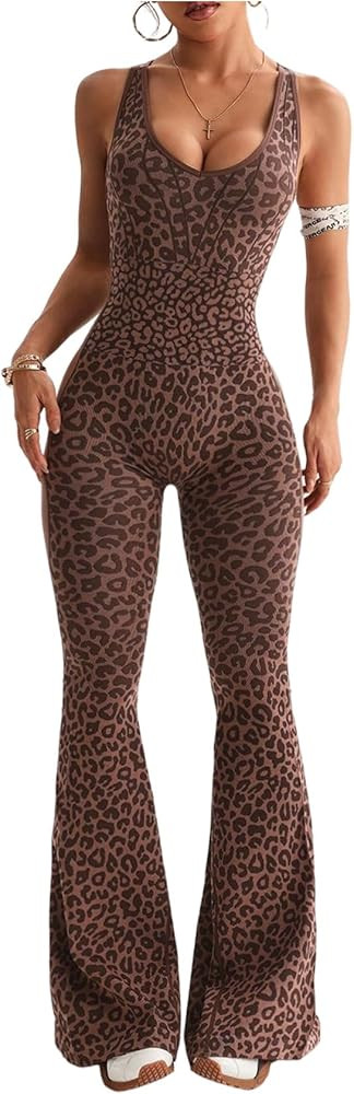 Verdusa Women's Cheetah Print Yoga Jumpsuit Criss Cross Backless Sleeveless Workout Clothes Flare... | Amazon (US)