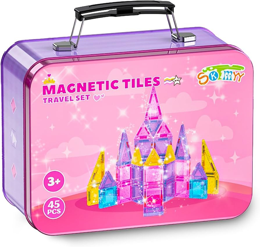 Travel Magnetic Tiles Set for Girls,Pink Mini Portable Magnet Toys with Iron Case,Travel Toys for... | Amazon (US)