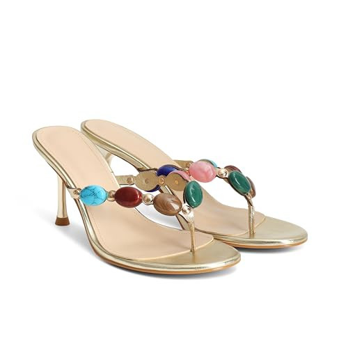 MAIJED Jeweled Flip Flop Kitten Heels for Women Open Toe Beaded Strappy High Heels Sandals Slip On Thong Heeled Mules Mid Heel Fashion Party Dress Shoes Gold US7.5 | Amazon (US)