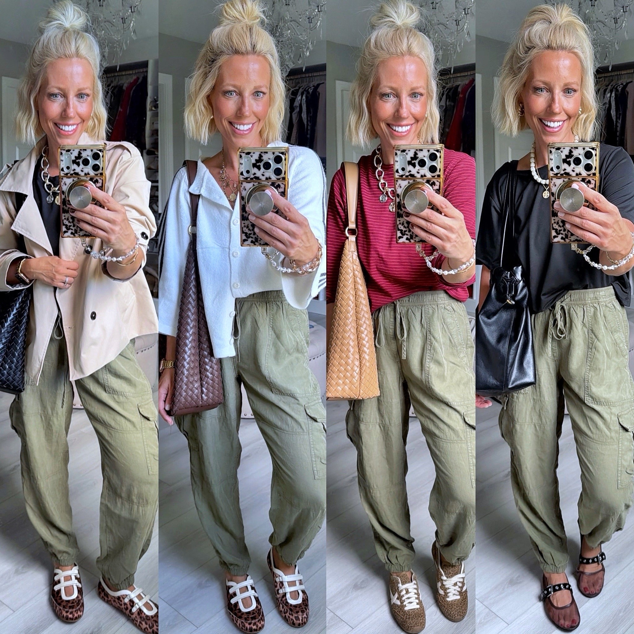 I wear these cargo joggers a lot!!! Grabbing another color while they are on sale!!! 
⬇️⬇️⬇️
Pants size small
Black tee medium
All other tops/jacket small
@Walmart