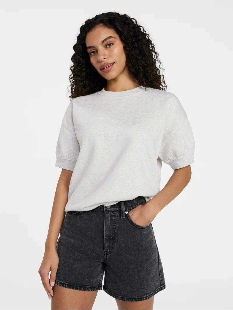 Time and Tru Women's Fleece Sweatshirt with Short Puff Sleeves, Sizes XS-XXXL | Walmart (US)