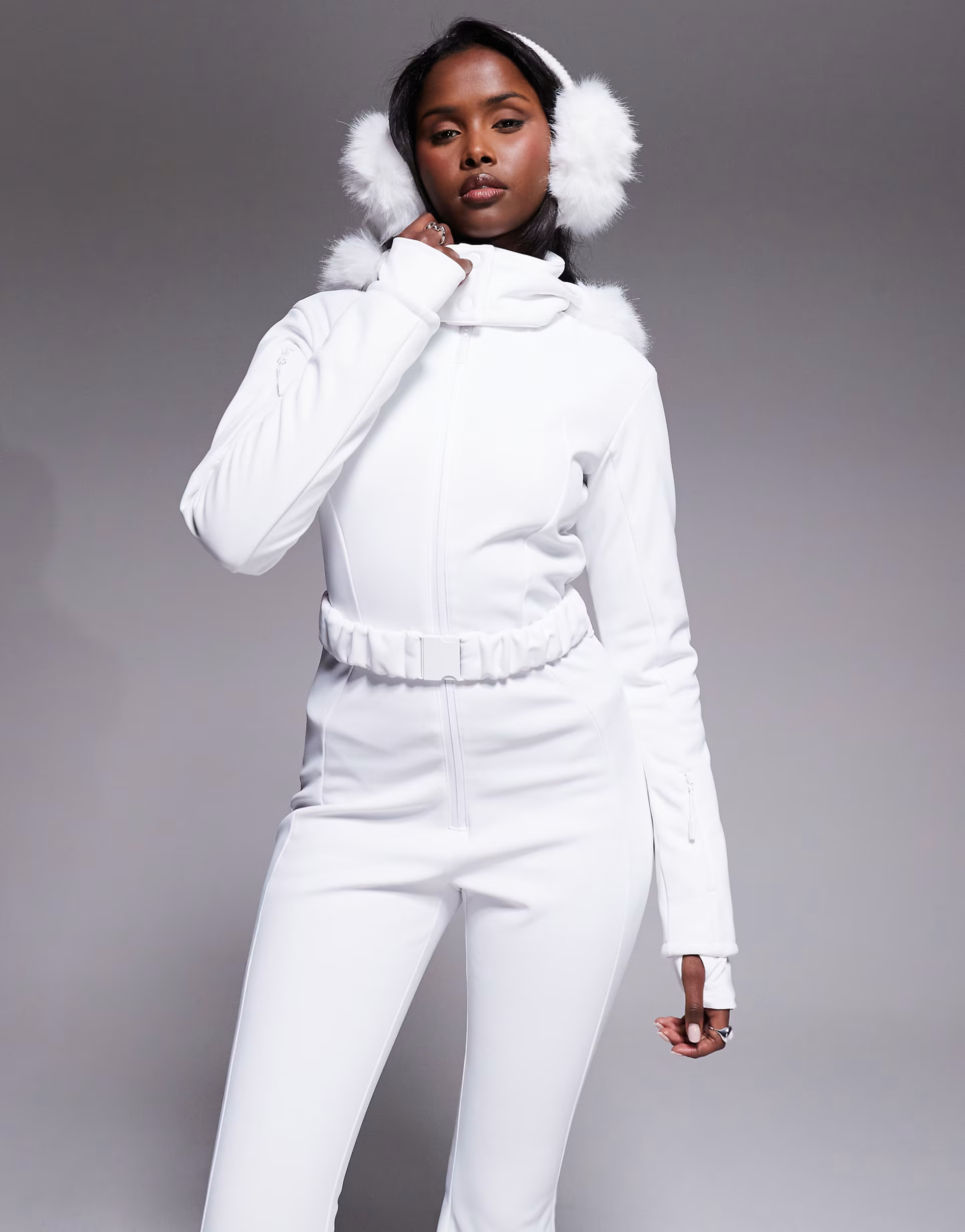 ASOS 4505 Ski soft shell belted ski suit with slim kick leg and faux fur hood in white | ASOS (Global)