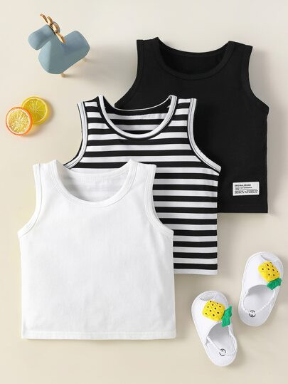 Baby 3pcs Striped Slogan Patched Detail Tank Top | SHEIN