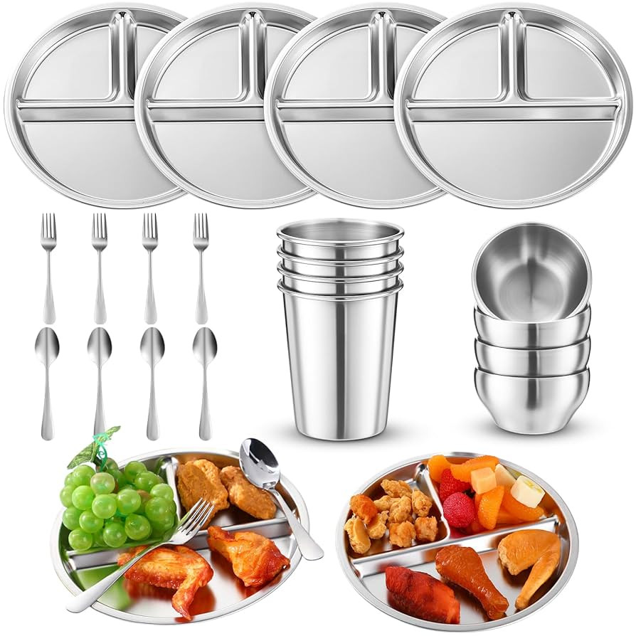 Jinei 20 Pcs Stainless Steel Dishes Set 4 Stainless Steel Plates, 4 Bowls, 4 Cups, 4 Spoons, 4 Fo... | Amazon (US)