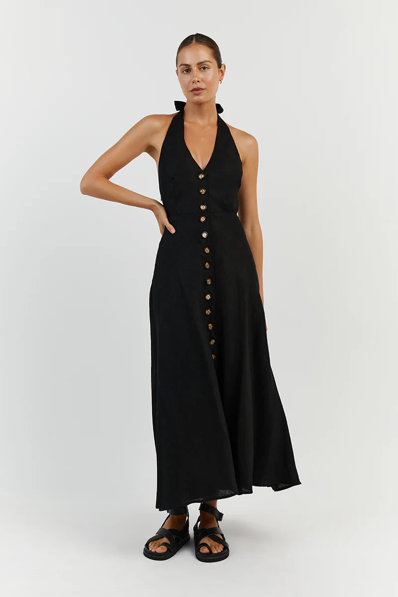 LOGAN BLACK LINEN MIDI DRESS | DISSH