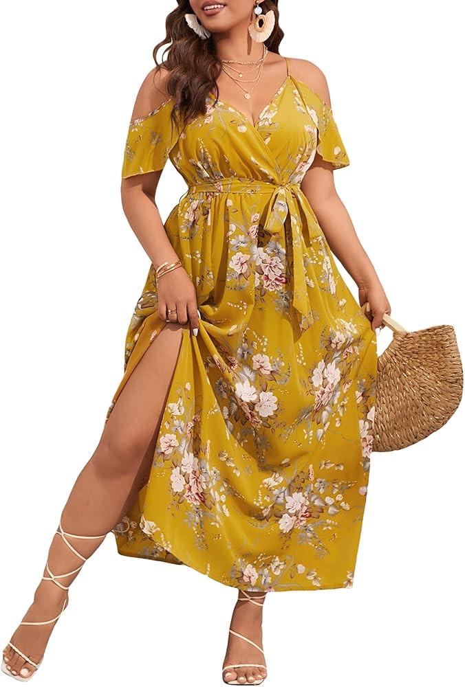 Floerns Women's Plus Size Cold Shoulder Short Sleeve Split Thigh Long Dress | Amazon (US)