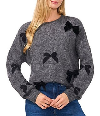 CeCe 3D Velvet Bow Crew Neck Long Sleeve Pullover Sweater - S | Dillard's