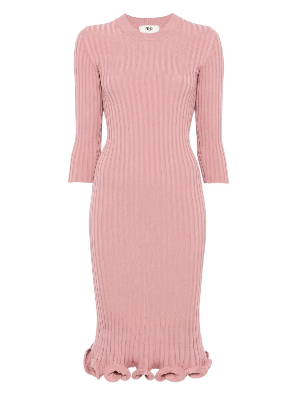 FENDI ribbed-knit ruffled midi dress - Pink | Farfetch Global