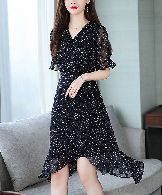 Black Polka Dot Ruffle-Accent Sidetail Dress - Women | Zulily