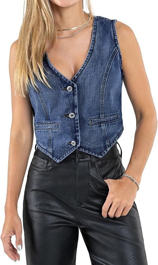 Imily Bela Womens Denim Vest Sleeveless V Neck Button Down Jean Waistcoat Jacket Y2K Summer Crop ... | Amazon (US)