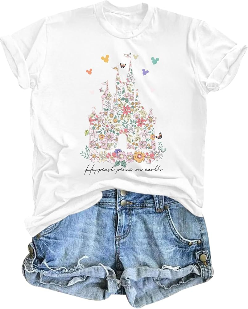 Bobeutou Floral Castle Shirt for Women Graphic T Shirt Flower Holiday Vacation Short Sleeve Shirt... | Amazon (US)