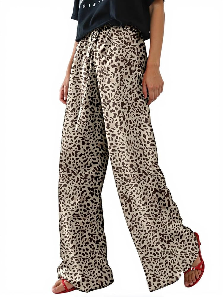 Women's Casual Pants Drawstring Leopard Print Color Block Side Striped Straight Leg Wide Leg Loos... | Amazon (US)