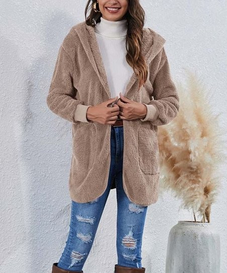 Khaki Sherpa Hooded Open Jacket - Women, Juniors & Plus | Zulily