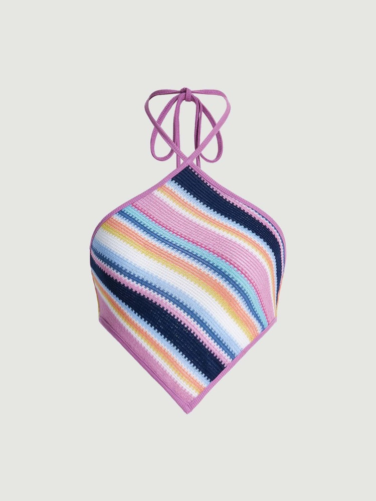 SHEIN MOD Halter Neck Striped Tie Backless Crop Bandana Top | SHEIN