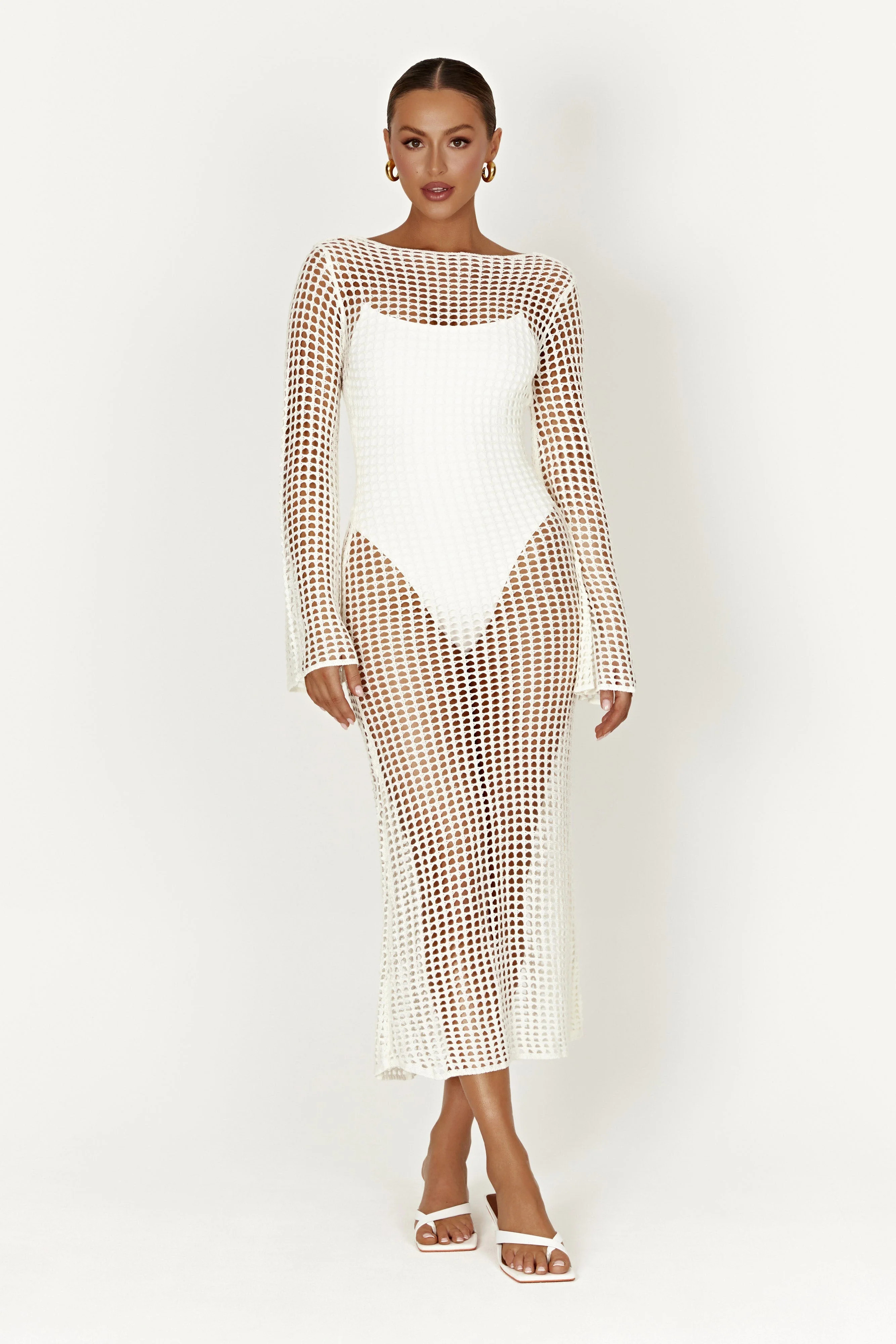 Murphy Long Sleeve Crochet Maxi Dress - White | MESHKI US