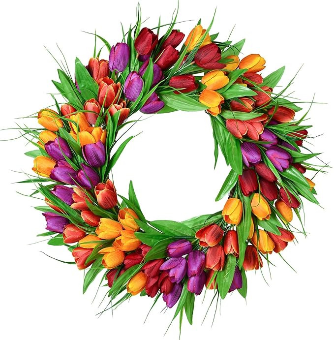 Lvydec Artificial Tulips Wreath, 20 Inch Tulip Door Wreath with Orange Red Purple Colorful Tulip ... | Amazon (US)
