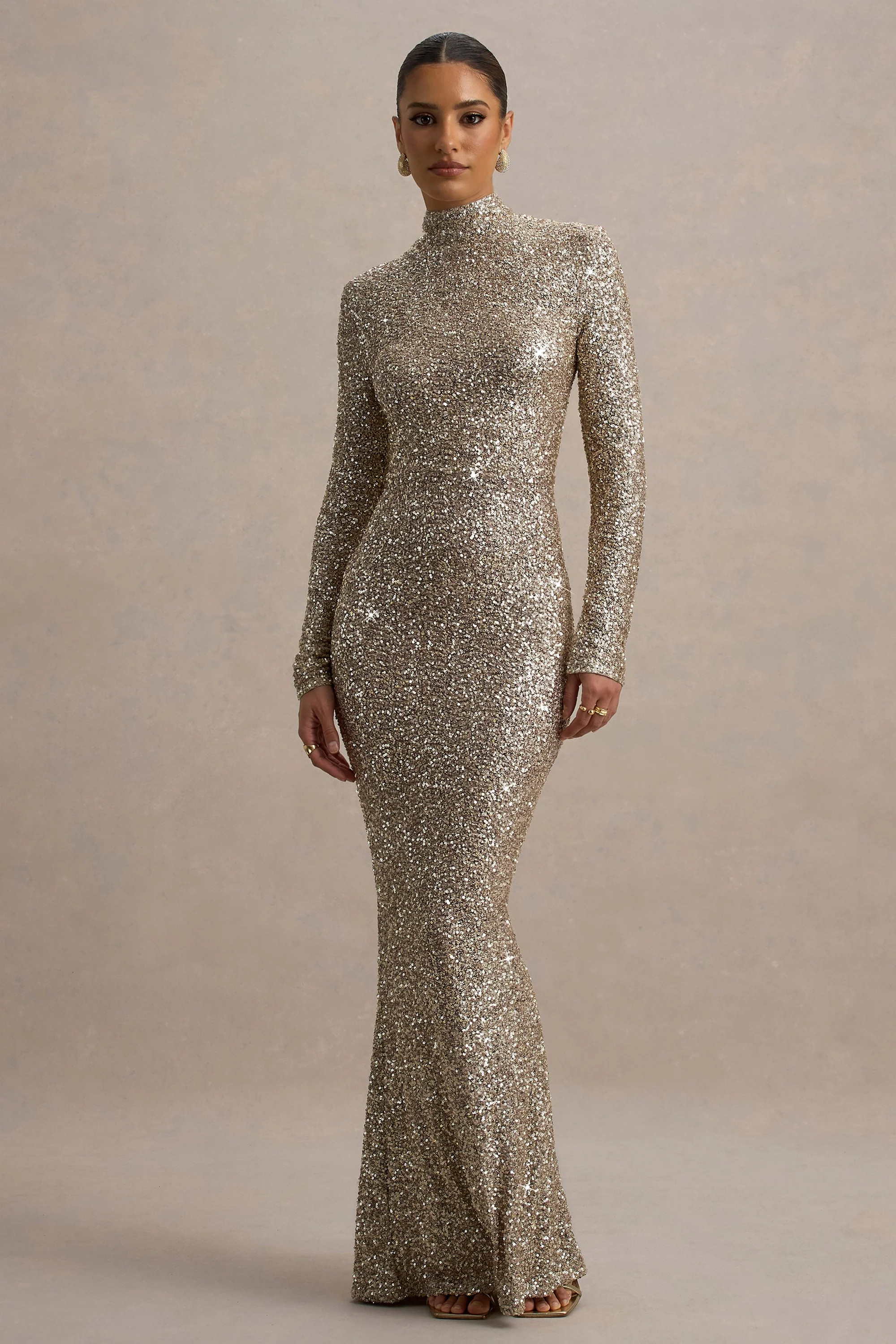 Galaxy | Champagne Sequin Turtle-Neck Long-Sleeve Maxi Dress | Club L London