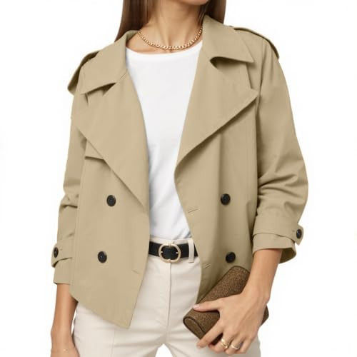 Muchpow Womens Cropped Trench Coat Casual Double Breasted Work Office Short Crop Coats Jacket with Belt (Beige,X-Large) | Amazon (US)