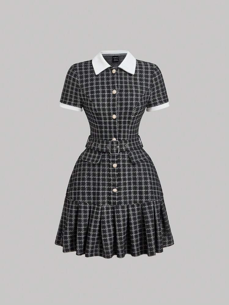 SHEIN MOD Vintage Plaid Patchwork Ruched Short Sleeve Dress Back To School Clothes School Outfits... | SHEIN