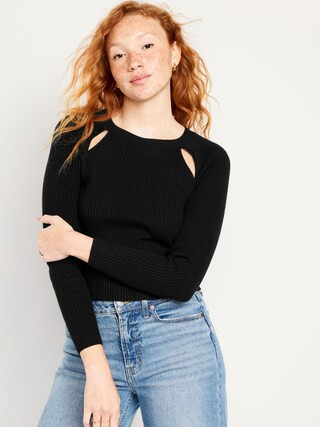 Bracelet-Sleeve Rib-Knit Cutwork Sweater for Women | Old Navy (US)