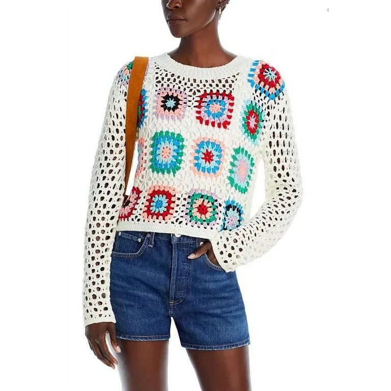 AQUA Women's Ivory Crochet Granny Square Sweater 100% Exclusive, Size XS | Walmart (US)