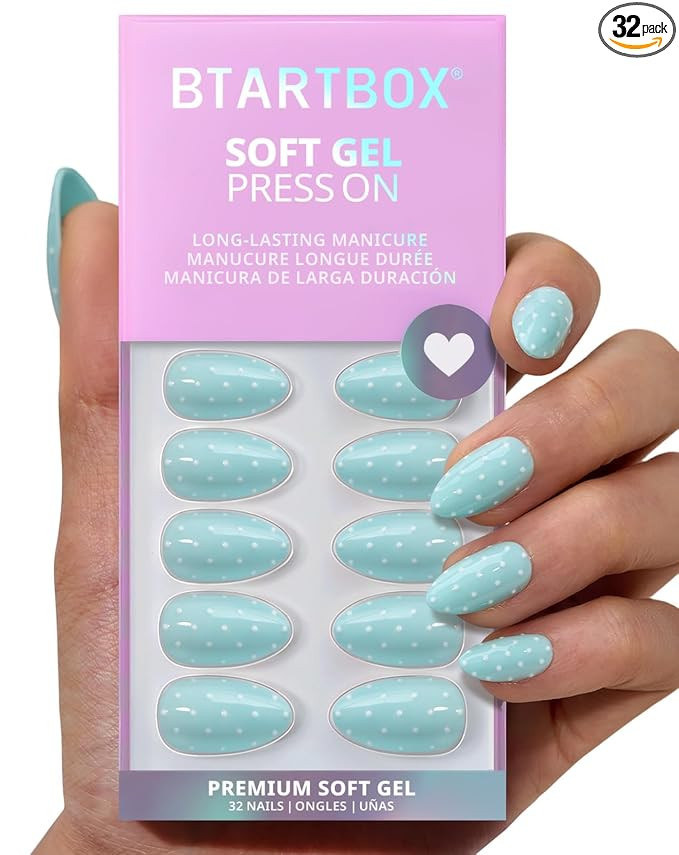 BTArtbox Press On Nails Short - Dotted Overalls, Easy-to-Apply Polka Dot Pastel Blue Almond Press... | Amazon (US)