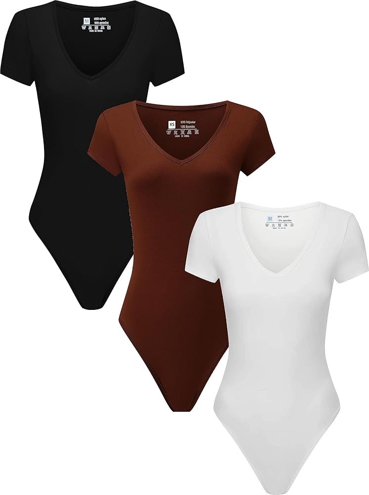 Chongbaijia 3 Piece Women's V Neck Short Sleeve T shirts Tops Bodysuit Jumpsuit | Amazon (US)