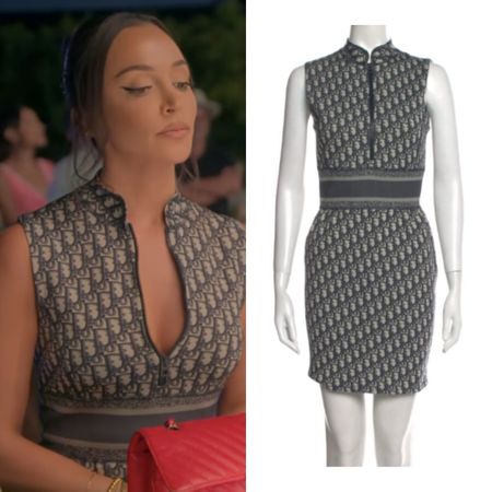 Farrah Aldjufrie’s Blue and Grey Printed Dior Logo Dress on Buying Beverly Hills Season 2 Episode 10