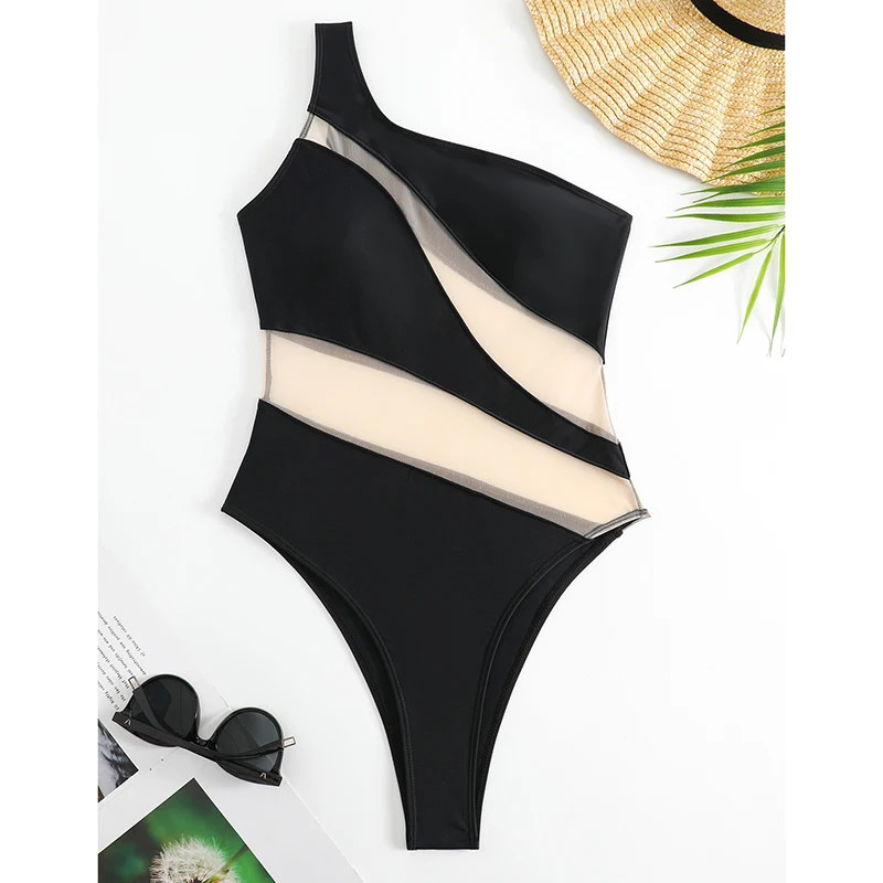 Mesh Patchwork See Through Swimsuit Women Sexy One Shoulder Skinny One Piece Swimsuit 2025 New Va... | AliExpress (US)