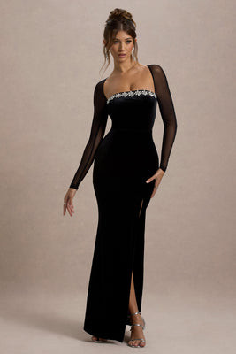 Ashby | Black Velvet Embellished Square-Neck Split Maxi Dress | Club L London