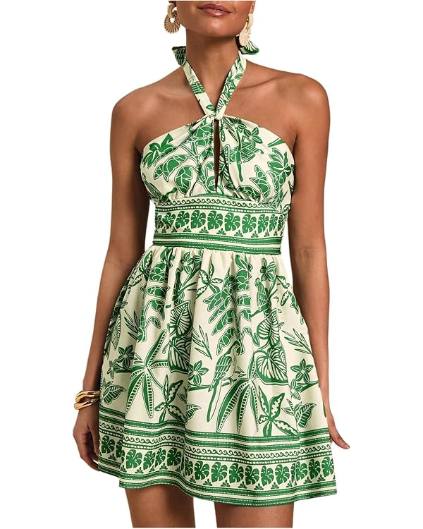 SOLY HUX Tropical Vacation Dress for Women Halter Tie Backless Sundress Sleeveless A Line Short S... | Amazon (US)