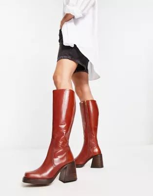 ASOS DESIGN Cracking leather mid-heel knee boots in brown | ASOS (Global)