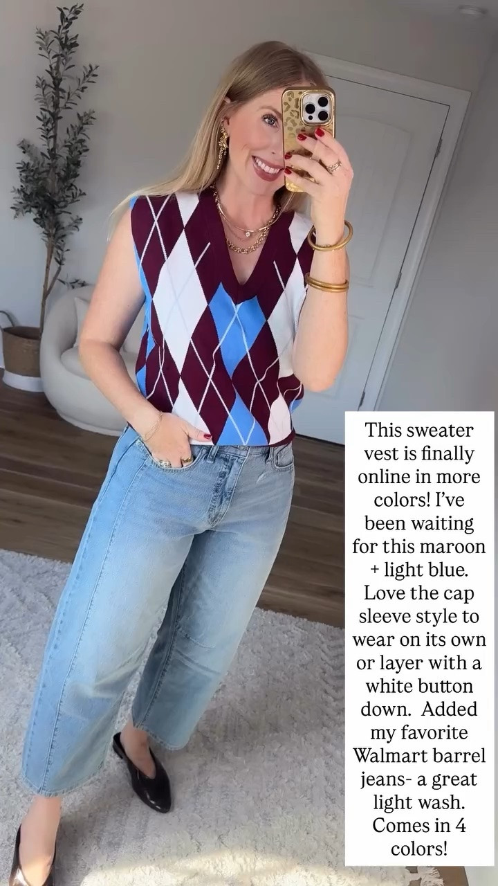 Argyle sweater vest and barrel jeans from Walmart