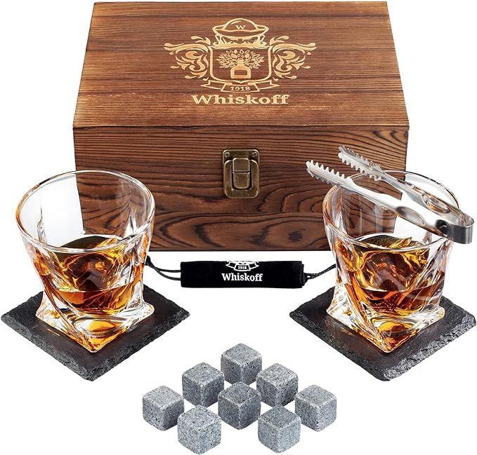 Whiskey Glass Set of 2 - Bourbon Whiskey Stones Gift Set For Men - Includes Crystal Whisky Rocks ... | Amazon (US)