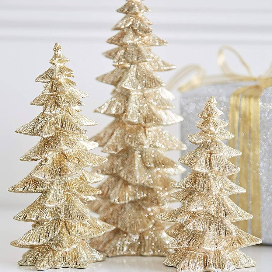 Raz Set of 3 Champagne Gold Glittered Christmas Trees- 6.5 inches to 9.5 inches Tall | Amazon (US)