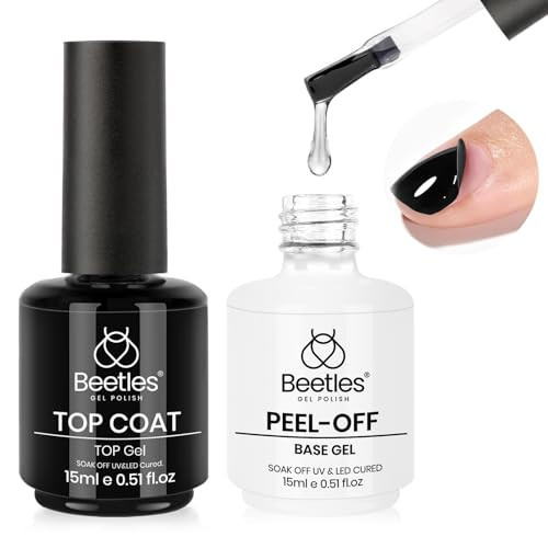 Beetles Peel Off Base Coat and Top Coat Gel Nail Polish Set, 2Pcs 15ml Peelable Base Gel and Top Coat Easy Removal, UV LED Lamp Peel off Nail Polish without Damage for Beginners Weak Thin Nails | Amazon (US)