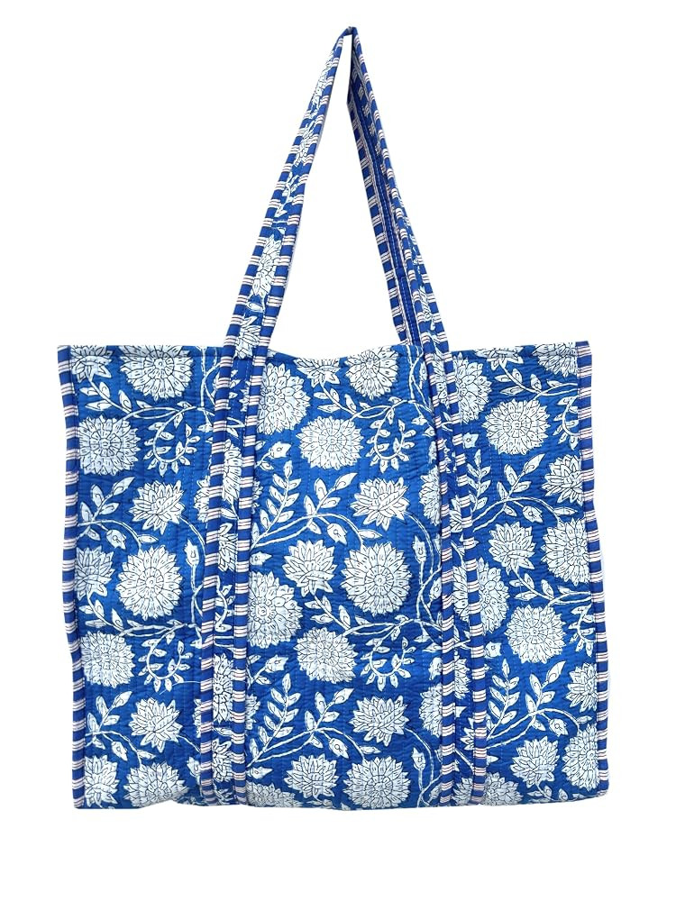 Quilted Cotton Handprinted Reversible Large multicolor Floral Tote Bag,Hand Block Print Shopping ... | Amazon (US)