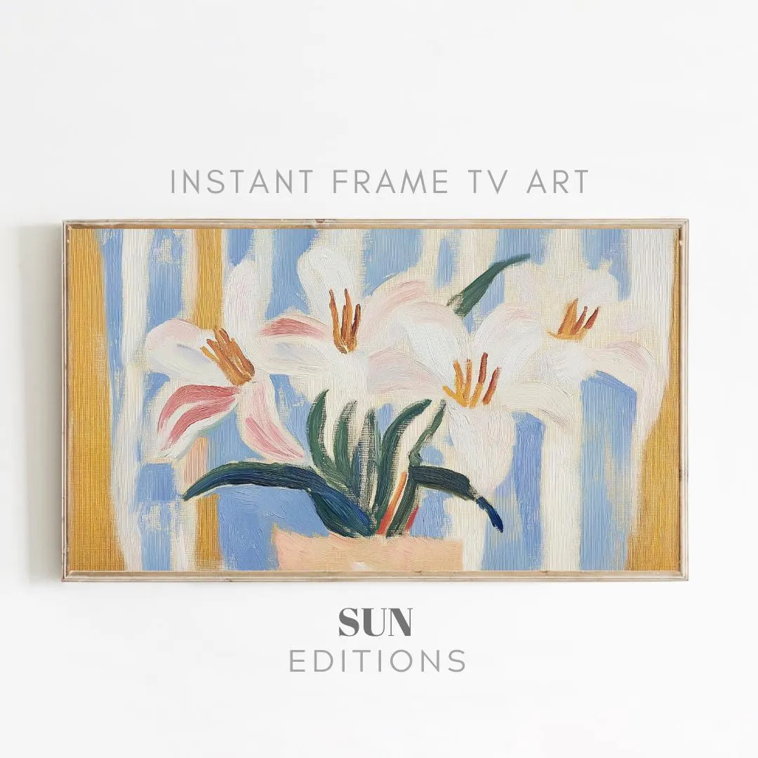 Samsung Frame TV Art - Colorful Pastels White Flowers on a Vase With Striped Background - Floral ... | Etsy (US)