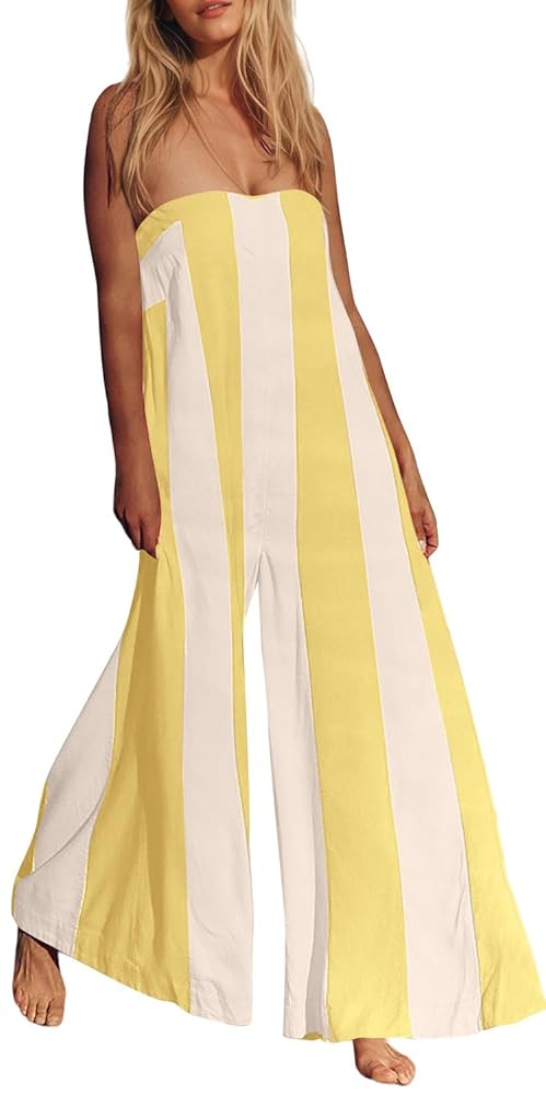 Comfy Wide Leg Jumpsuits For Women Summer Casual Strapless Striped Romper Loose Sleeveless Beach ... | Amazon (US)