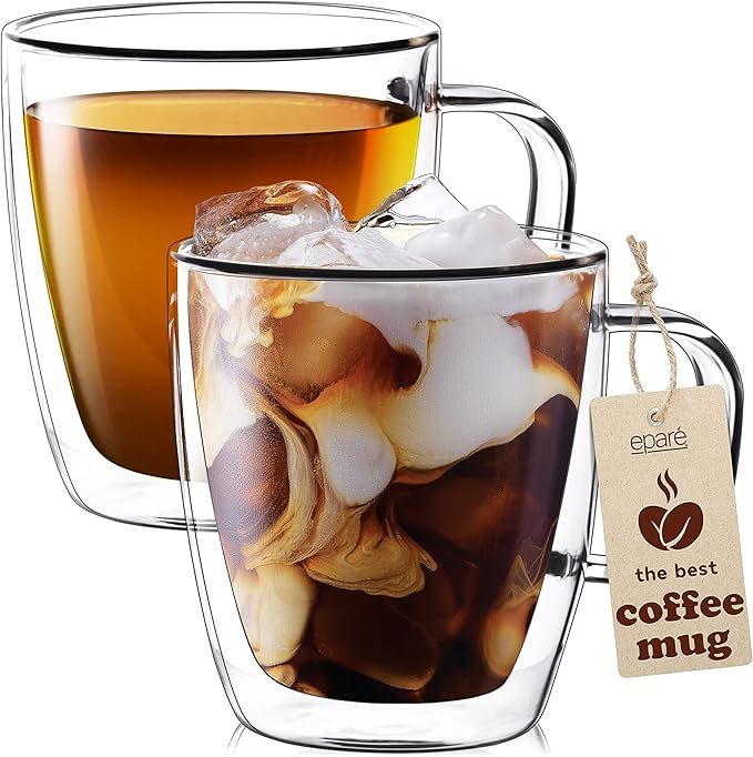 12 oz Double Wall Glass Mugs - Set of 2 Clear Coffee Mug - Insulated Glass Mug With Handle - Larg... | Amazon (US)