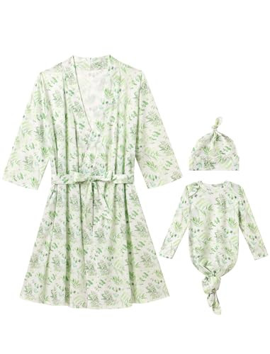 Mommy and Me Robe and Swaddle Set Floral Print Maternity and Baby Matching Hospital Labor Delivery Swaddling Wrap Blanket Dress with Headband Hat for Mom and Girl Boy 4pcs Outfit Grean Leaf S/M | Amazon (US)