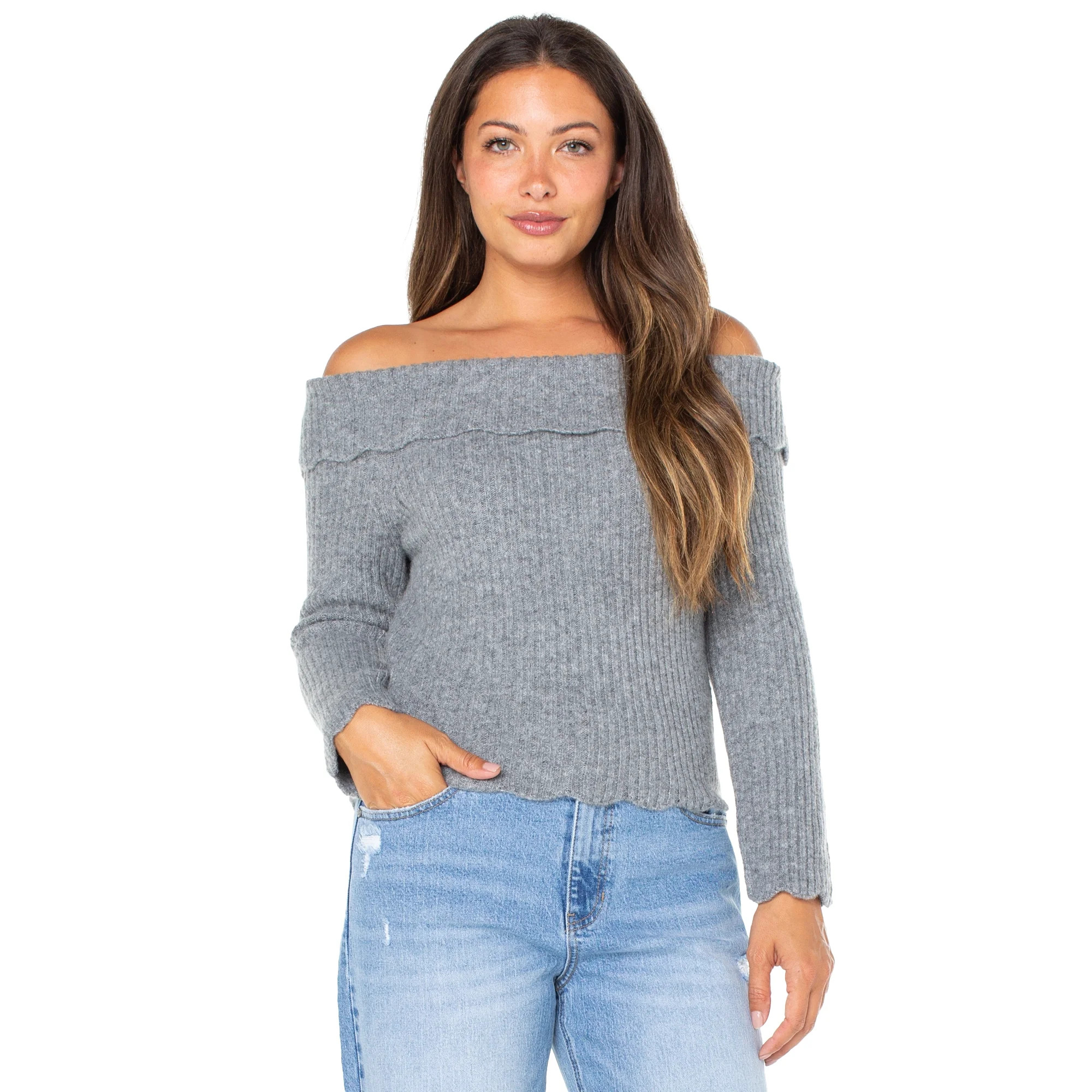 Celebrity Pink Women's Off Shoulder Scalloped Edge Sweater, Sizes XS-XXXL | Walmart (US)