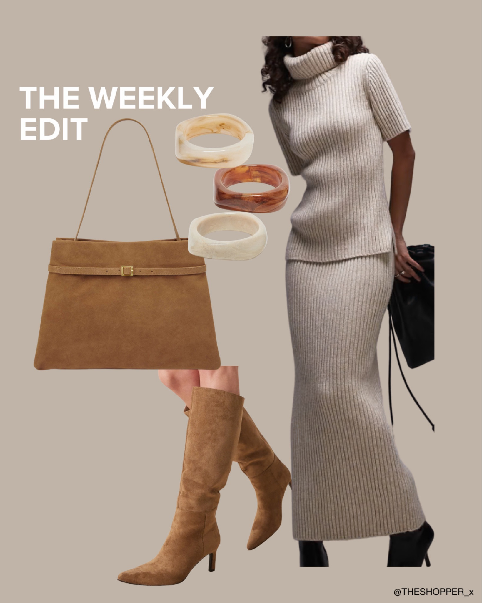 Co-ord wool cotton blend knitted rib short sleeve sweater with roll neck and maxi skirt, suede tote bag, kitten heel boot, bangles

#LTKeurope #LTKuk #LTKwinter