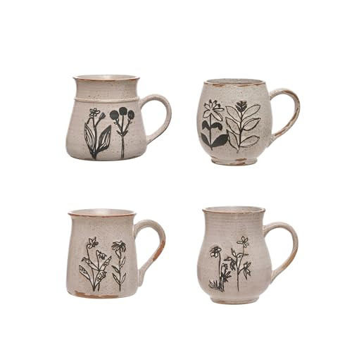 4 Inches Stoneware Mug with Reactive Glaze and Various Mug Shapes, Cream, Set of 4 | Amazon (US)