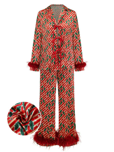 [Pre-Sale] Red 1950s Holly & Candy Cane Stripes Feather Pajama Set | Retro Stage