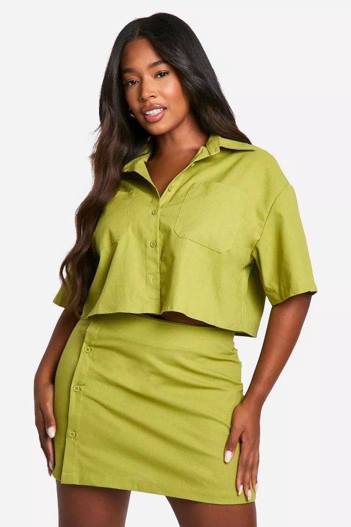 Plus Linen Look Boxy Crop Shirt And Ruched Skort | boohoo (US & Canada)