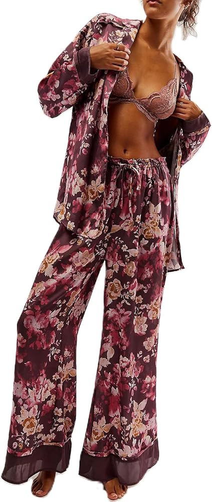 Women Satin Pajama Set Floral Silk Pajamas 2 Piece Lounge Sets Button Down Shirts Wide Leg Pants ... | Amazon (US)